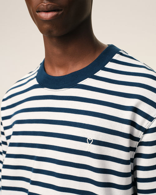 Blue Cotton Boxy Fit Mariniere Ami De Coeur T-shirt - Man - 4 - AMI Paris - Ami Paris
