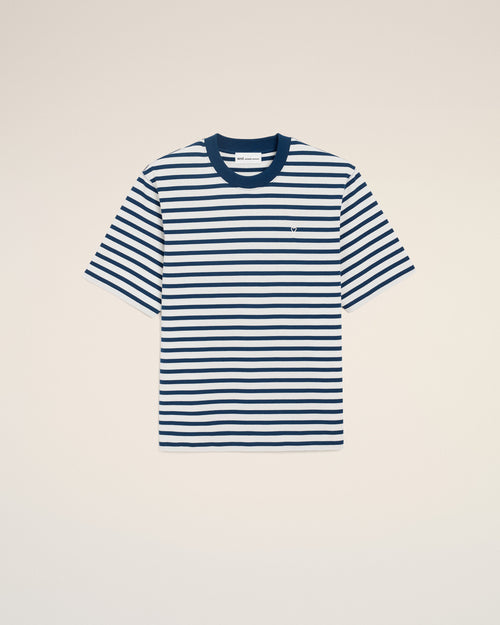                                 Blaues Ami de Coeur T-Shirt aus Baumwolle im Boxy-Fit im Marinière-Stil - 3                             - Ami Paris