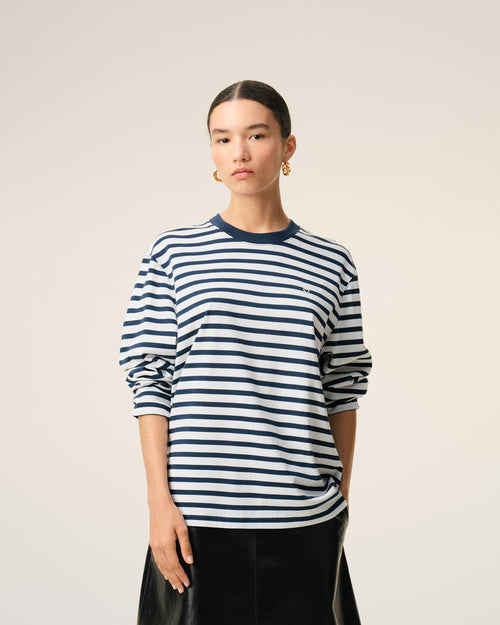 Blue Cotton Long Sleeves Mariniere Ami De Coeur T-shirt - 9 - Ami Paris