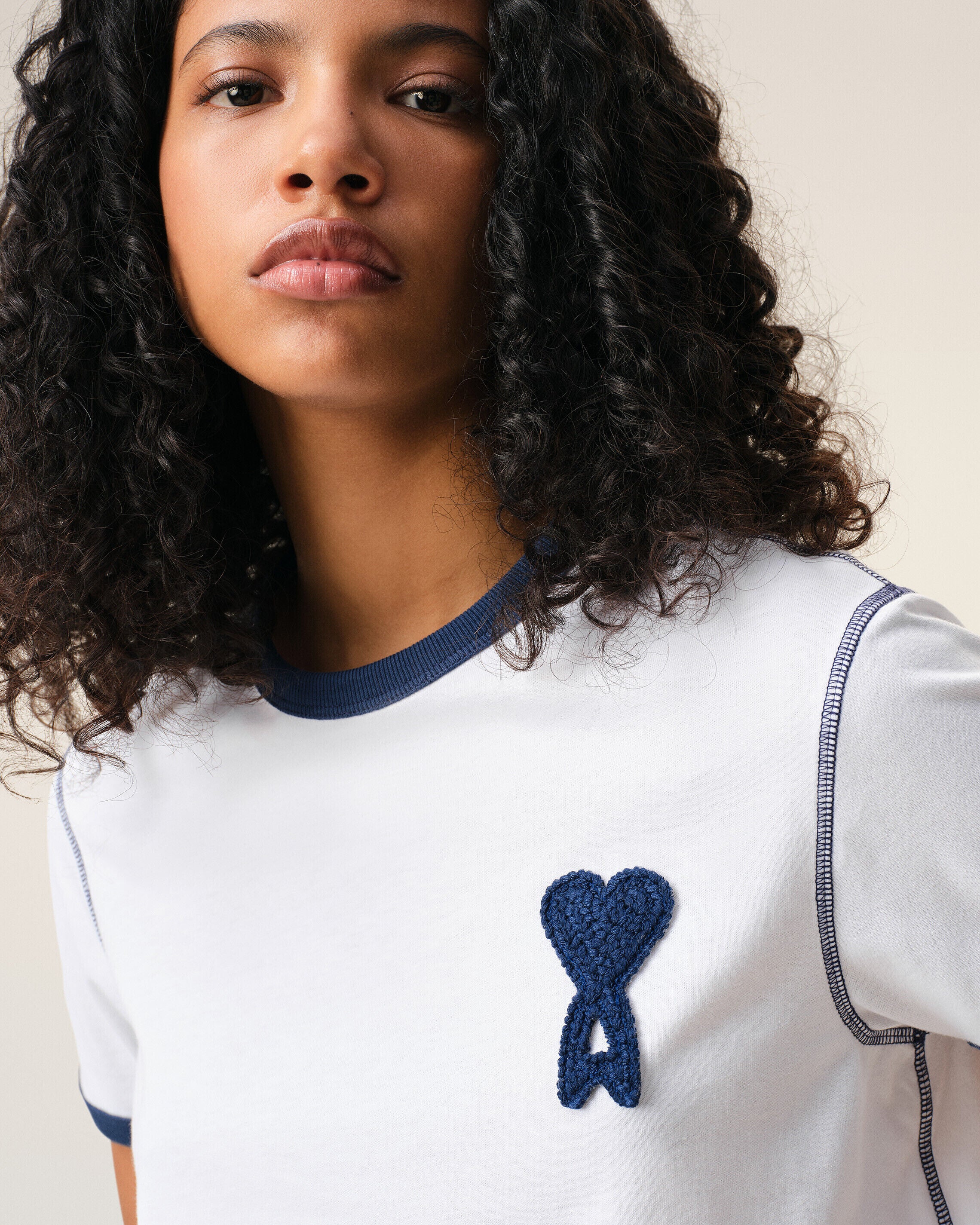 WHITE/INK White Cotton Ami De Coeur Knitted Patch T-shirt | Ami Paris