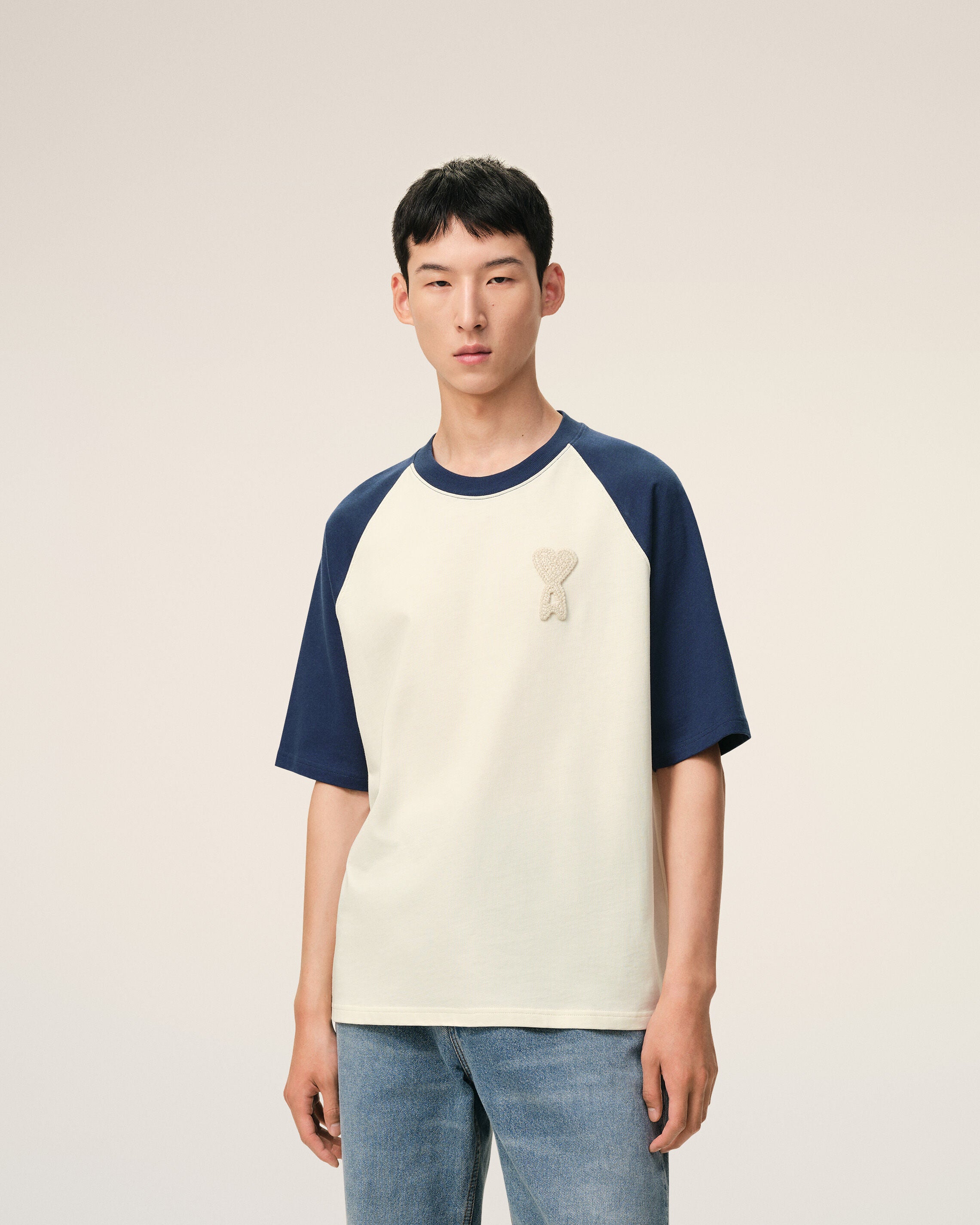 WHITE CREAM/INK White And Blue Cotton Ami De Coeur Knitted Patch T