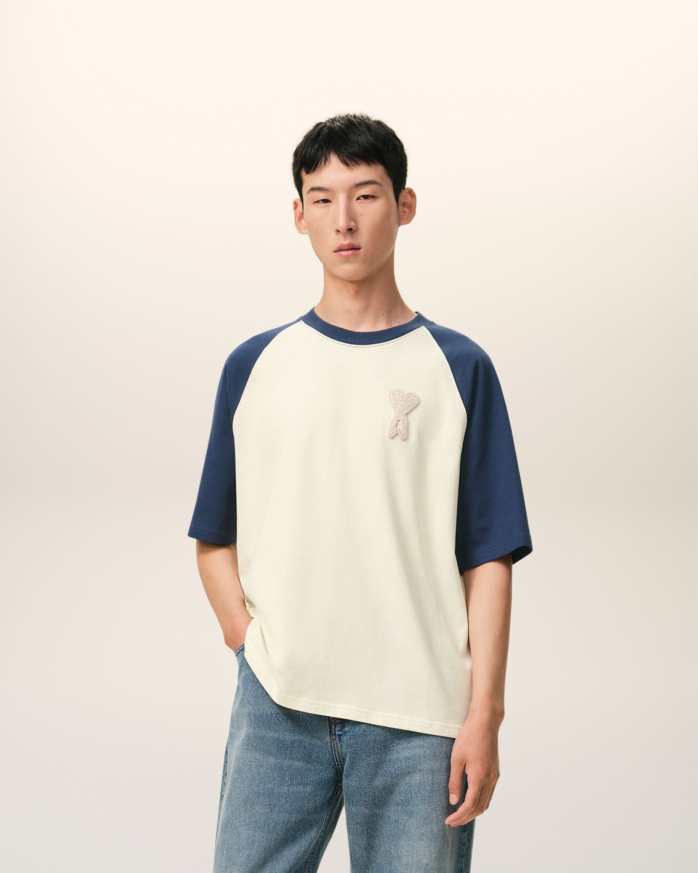 White And Blue Cotton Ami De Coeur Knitted Patch T-shirt - 2