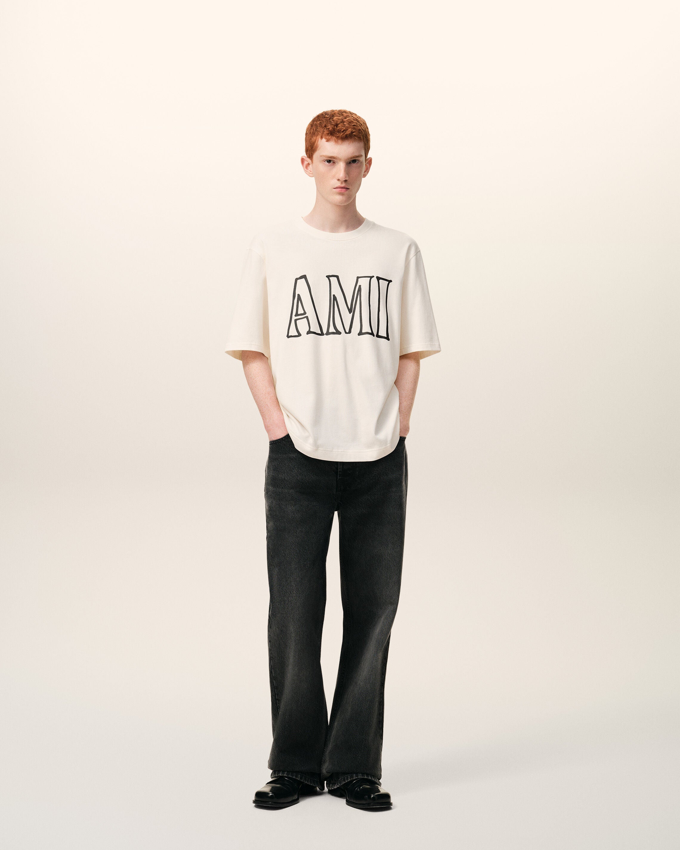 WHITE CREAM White Cotton Ami Paris Print T-shirt | Ami Paris
