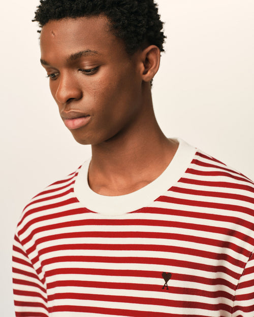 Red and white mariniere cotton t-shirt with Ami de Coeur - Man - 4 - AMI Paris - Ami Paris