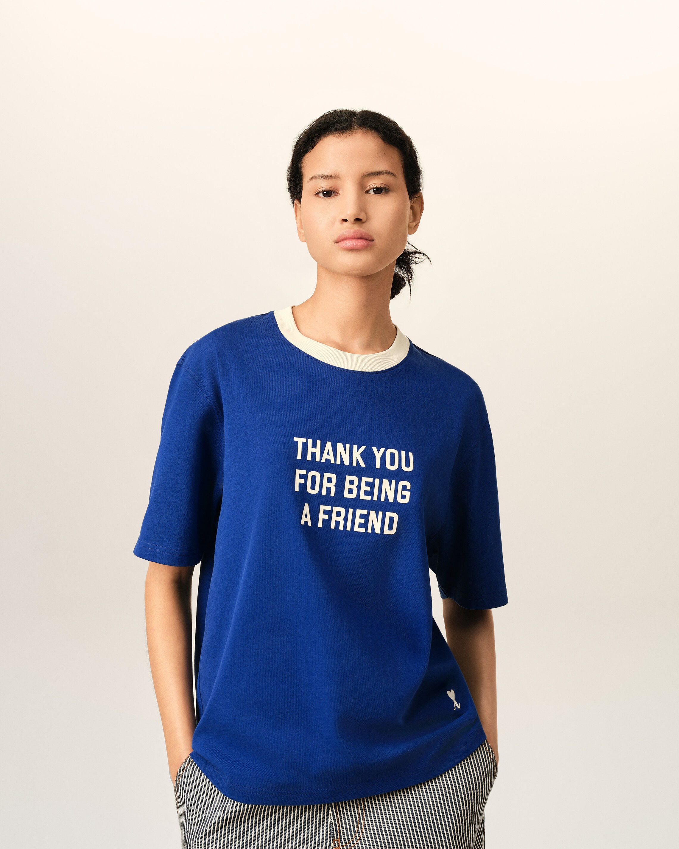 Blue printed cotton "Thank you for being a friend" t-shirt - 8